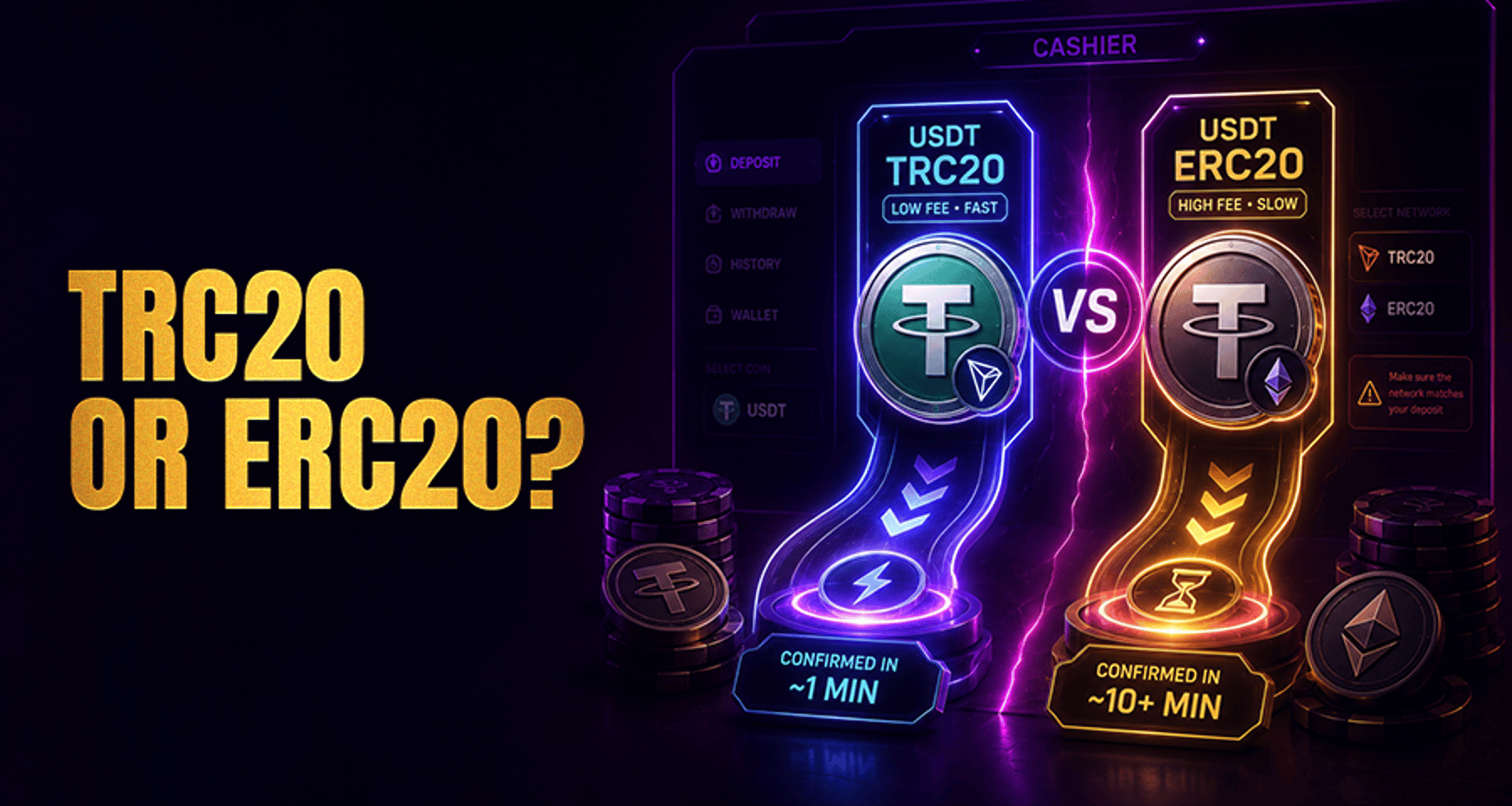 USDT TRC20 vs ERC20 for Casino Deposits: Fees, Speed, and Risk