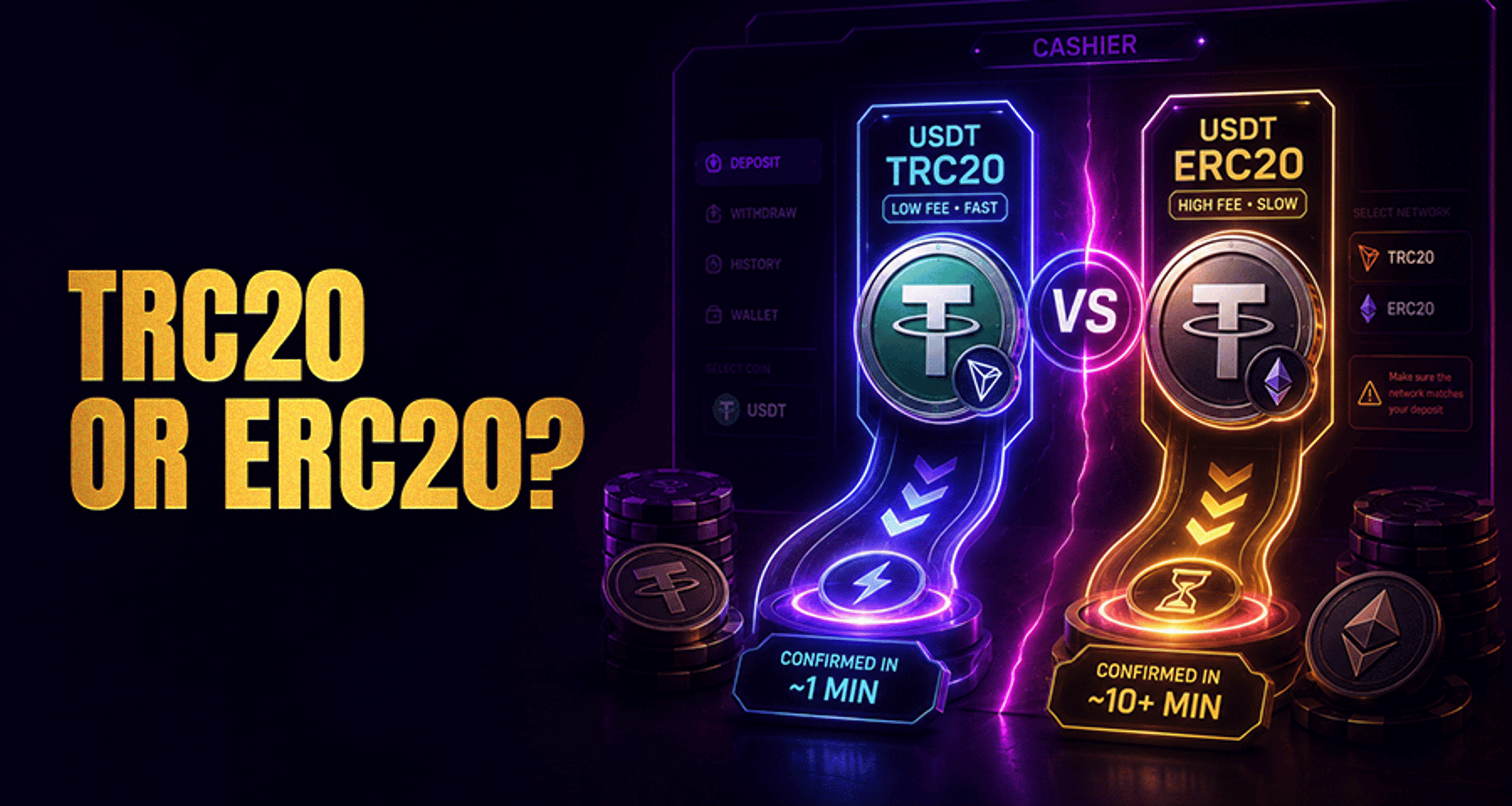 USDT TRC20 vs ERC20 for Casino Deposits: Fees, Speed, and Risk